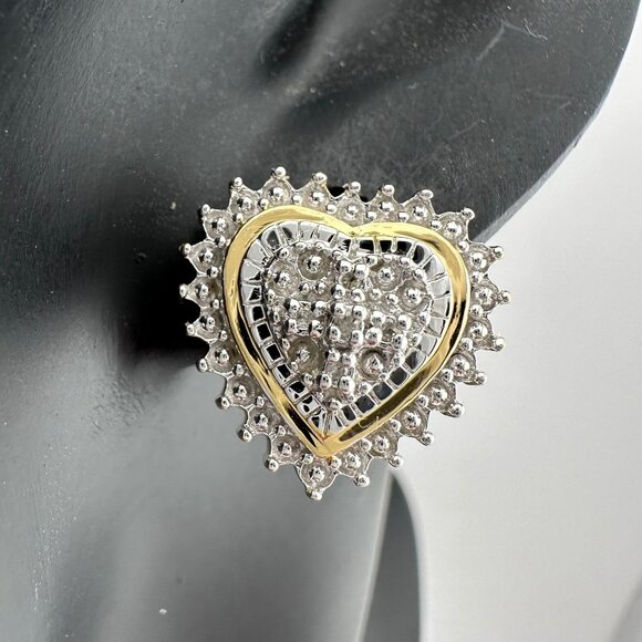 Two Tone Diamond Heart Stud Earrings in Sterling with 14 kt Gold Overlay - Picture 1 of 15